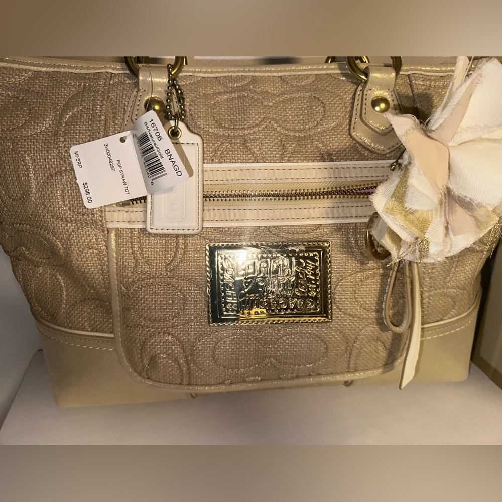Coach Poppy Gold Straw Tote! NWT! - Picture 9 of 12
